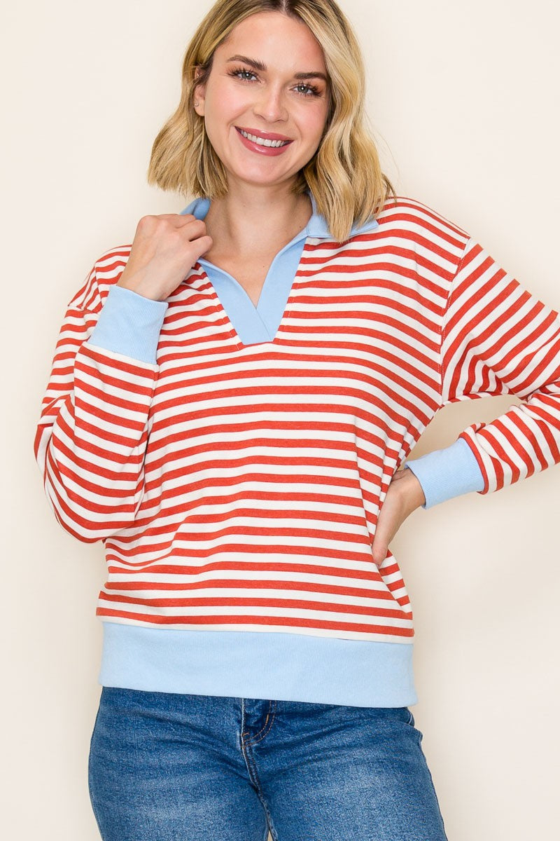 Staccato Striped Contrast Polo Collar Sweatshirt – Ships Monday!