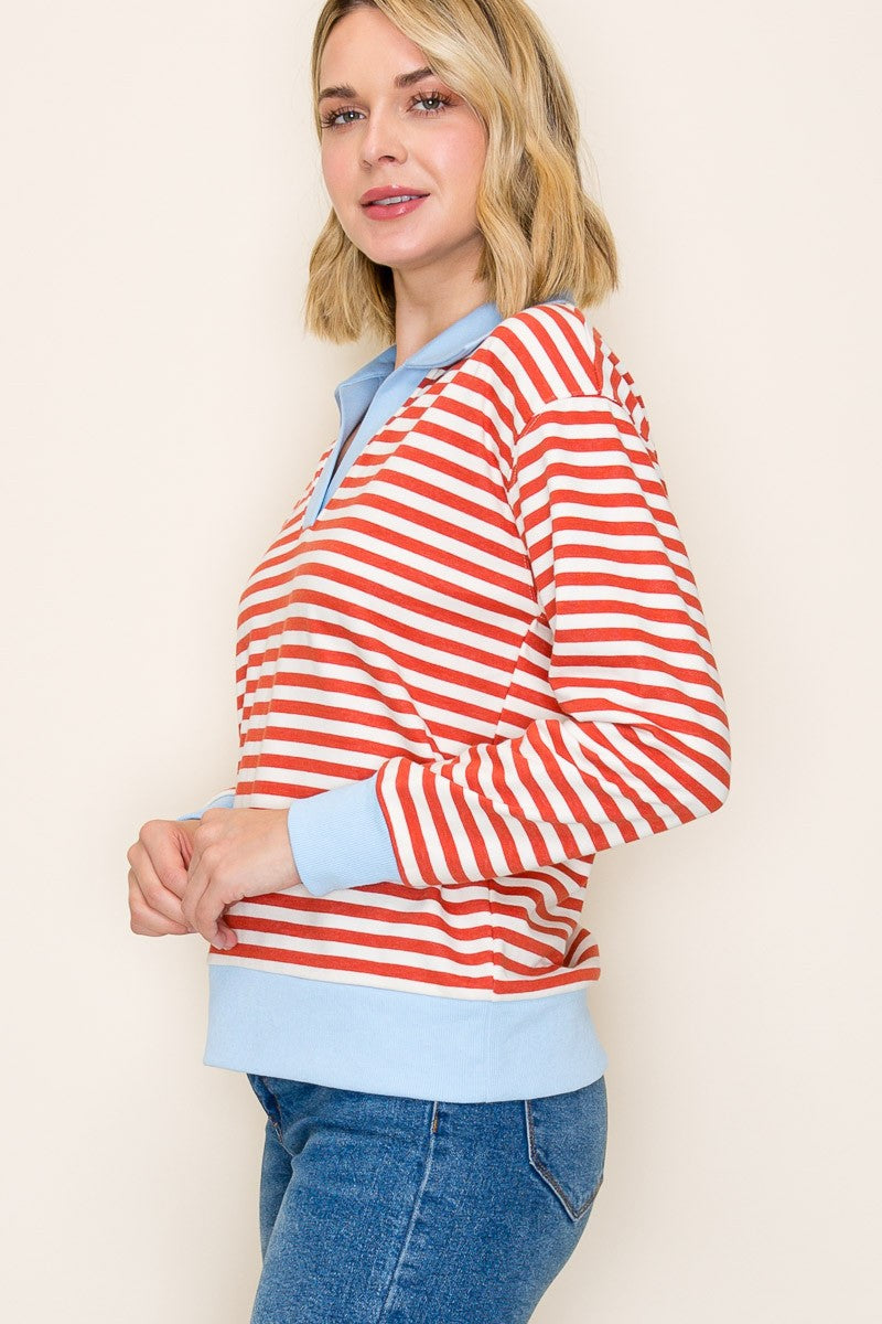 Staccato Striped Contrast Polo Collar Sweatshirt – Ships Monday!